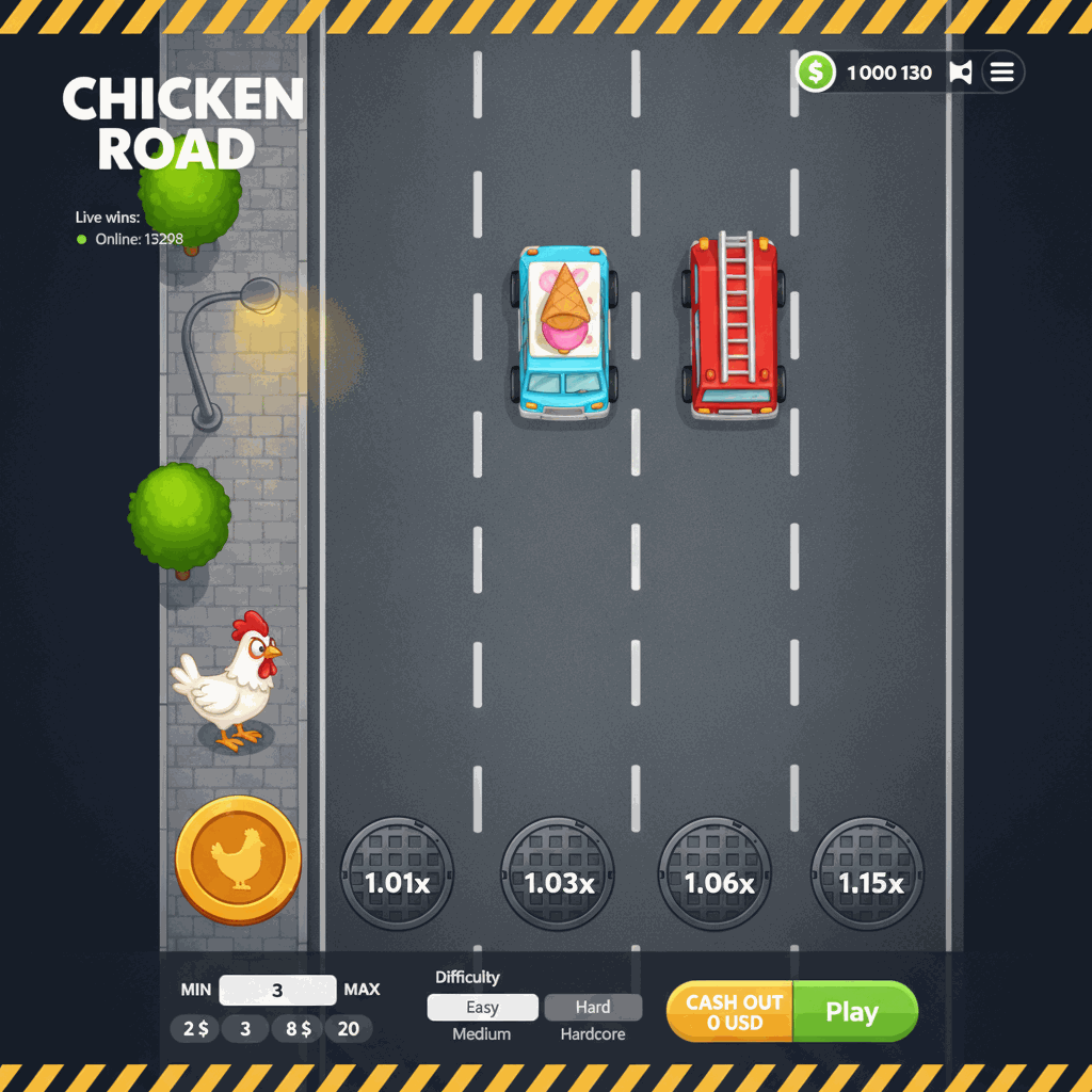 Gioco Chicken Road di InOut: pollo cartoon bianco con cresta rossa attraversa una strada grigia a più corsie vista dall'alto, con marcatori circolari che mostrano moltiplicatori crescenti su ogni corsia, sfondo urbano con lampioni e alberi verdi sui marciapiedi laterali