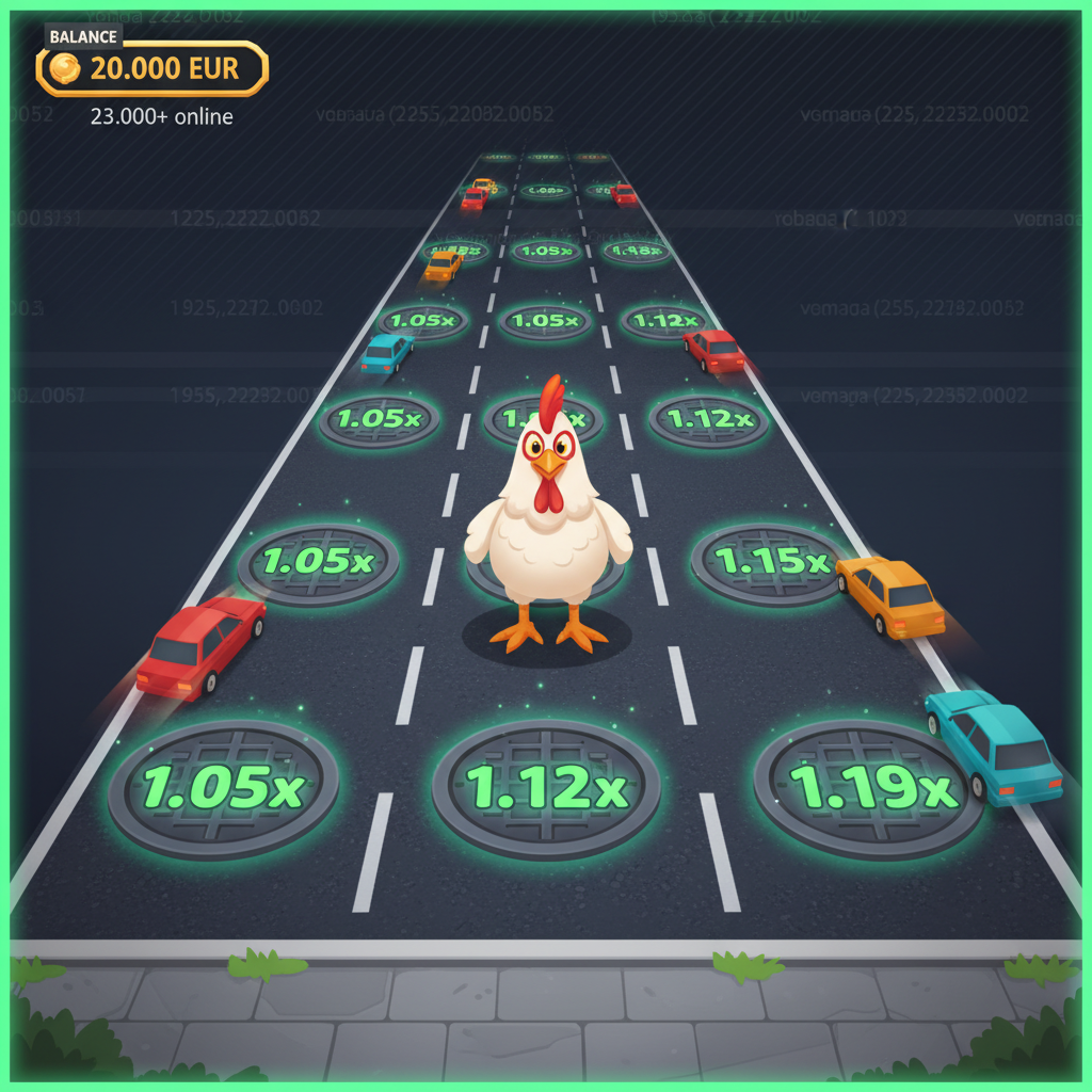 Schermata principale di Chicken Road 2: il pollo attraversa una strada a sei corsie con i moltiplicatori progressivi da 1.01x a 1.19x sui tombini